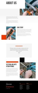 Webseiten-Designvorlage mit Abschnitt „Über uns“, mit Bildern von Werkzeugen und Händen, die an elektronischen Teilen arbeiten, und Platzhaltertext für Unternehmensinformationen und Kontaktdaten.
